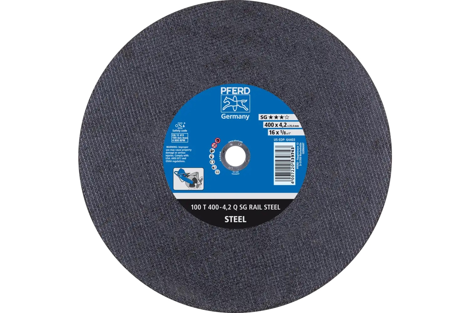 Picture of Pferd Large Diameter Cut-Off Wheel 16" X 1/8 X 1, Sg Rail Steel, Q, Aluminum Oxide